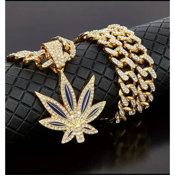 Funky Hip-Hop Punk Maple Leaf Pendant Necklace with Faux Diamond Accents - Picture 1 of 7